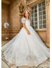Short Puff Sleeves Beaded White Lace Glitter Flower Girl Dress